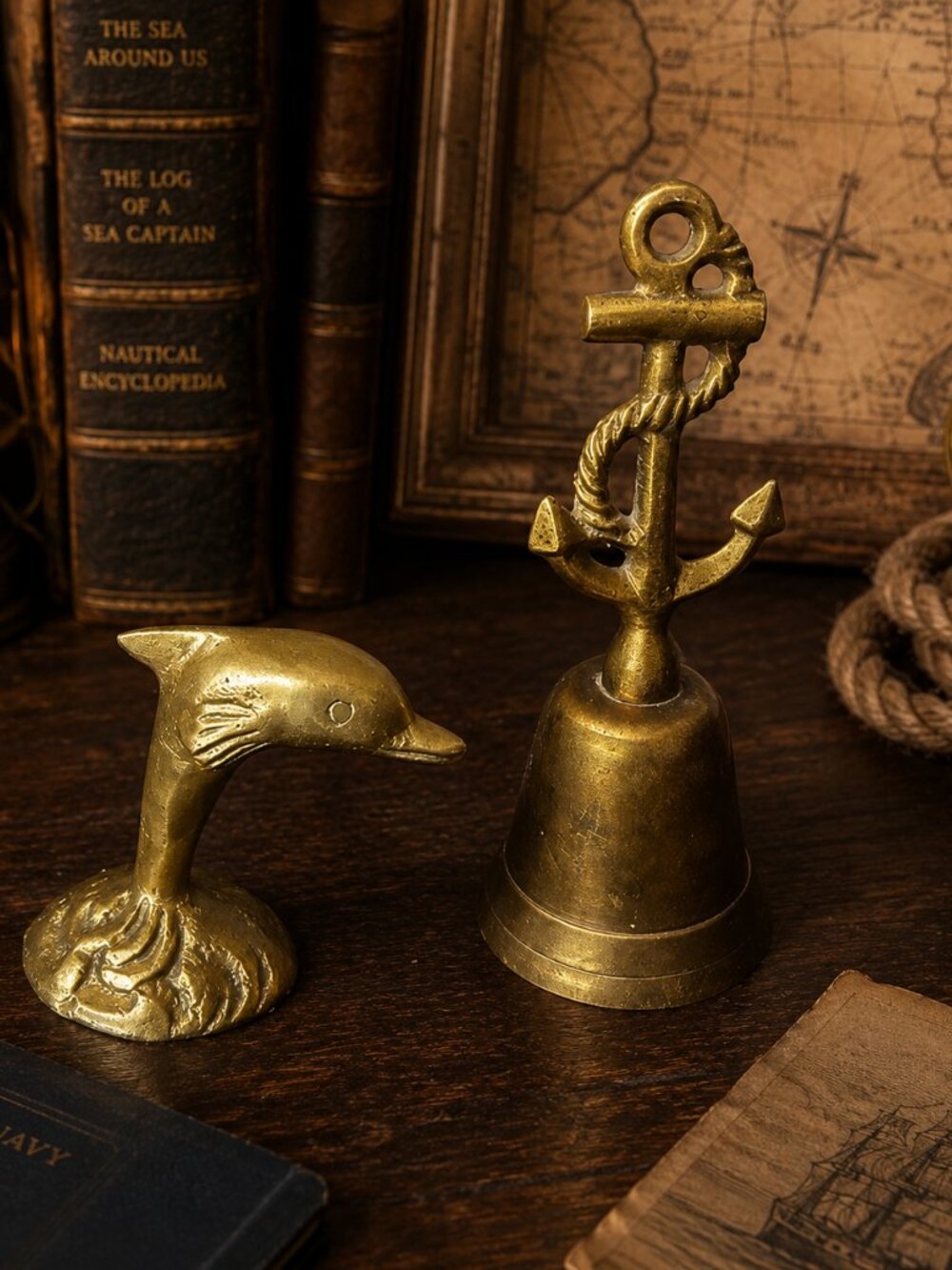 Vintage Solid Brass Anchor Bell and Dolphin Paperweight Coffee Table Decor